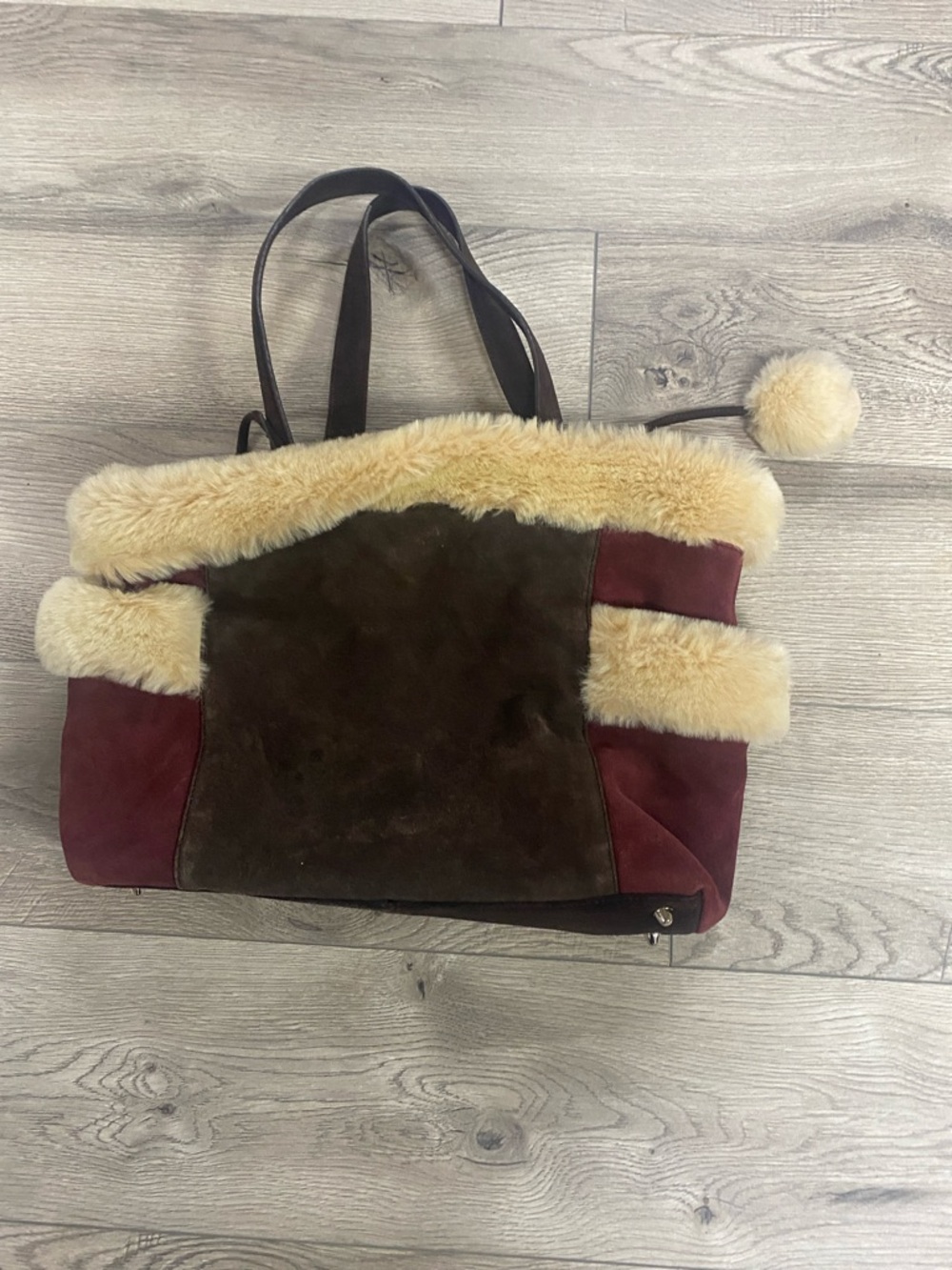 Shearling Trim Suede Tote Bag in Burgundy and Brown